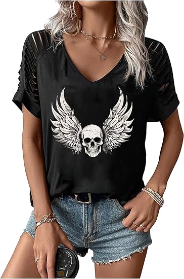 Women's Cut Out V Neck T-Shirts Boho Floral Graphic Tee Summer Cold Shoulder Short Sleeved Tops - skull tshirt