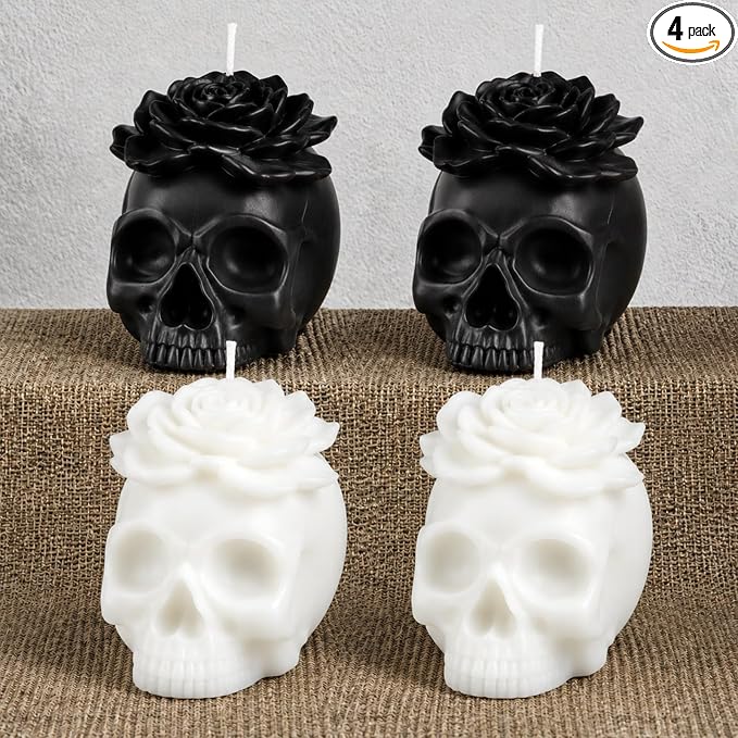 Nuanchu 4 Pcs Goth Candles Set Black and White Medium Skull Gothic Candles with Flower Vegetable Wax Candlestick Goth Home Decor for Halloween Xmas Haunted House Decoration - skull candle