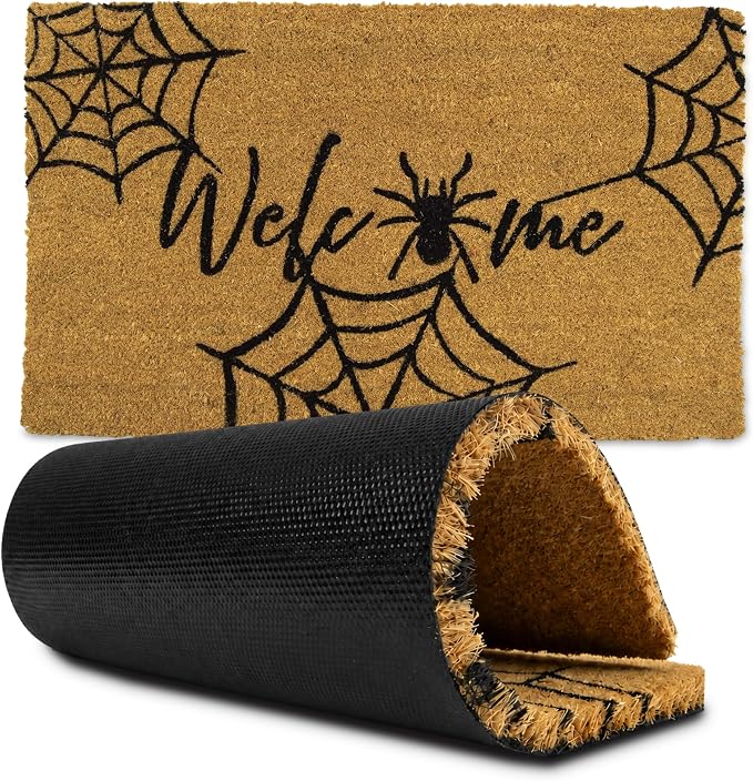 Halloween-Themed (Welcome) Natural Coir Front Door Mat 17.7 x 29.5 in, Outdoor Rug with Non-Slip Rubber Backing, Fade-Resistant Indoor Outdoor Rugs, Flat Woven Outdoor Patio Rug