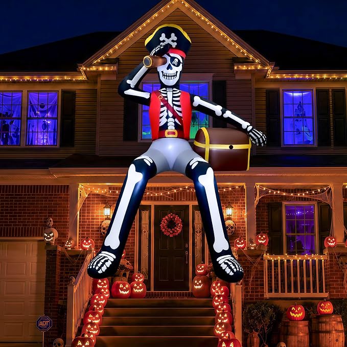 10FT Halloween Inflatables Outdoor Decoration Giant Sitting Pirate Skeleton