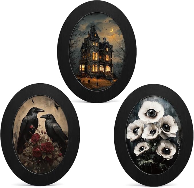 3Pcs Gothic Halloween Oval Wall Art Framed Haunted House Raven Decor