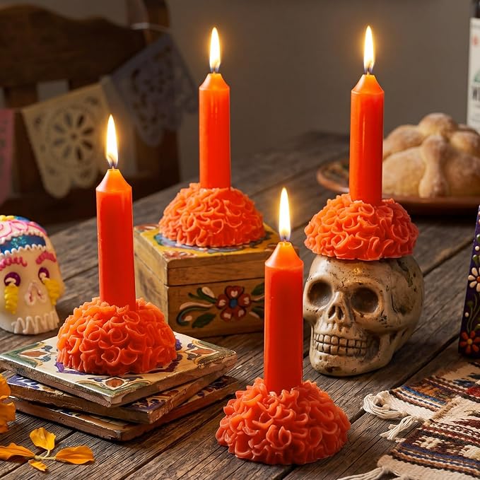 Lounsweer 4 Pcs Marigold Flower Candles Day of the Dead Orange, 5 x 3 in - skull candle