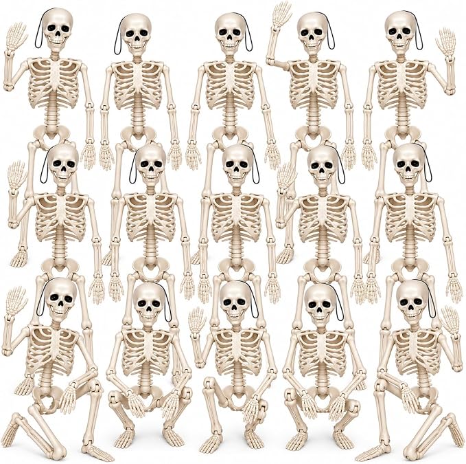 Halloween Skeletons Decorations, 15 Pack 16" Plastic Posable Skeleton, Small Hanging Skeleton, Halloween Props for Haunted House, Party, Yard, and Graveyard Decor - skeleton