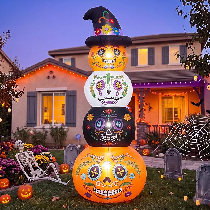 6ft Pumpkin Skull Stack Inflatable Halloween Outdoor Yard Decor - skull inflatable