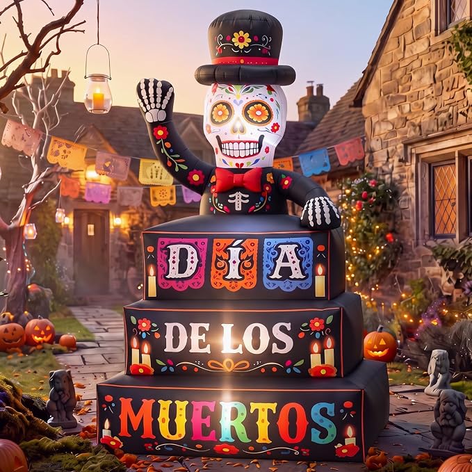 5ft Dia De Los Muertos Inflatable, Lighted Sugar Skull Yard Decor