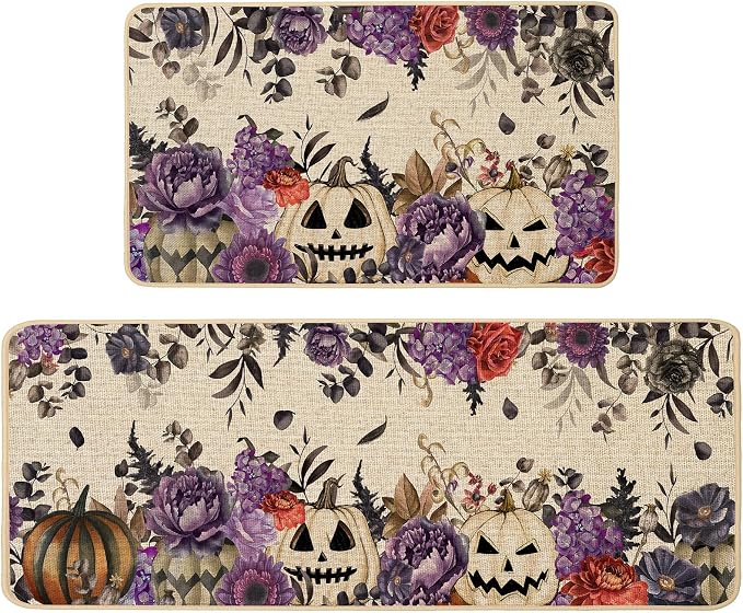 Halloween Kitchen Rugs Set of 2, 17x29 and 17x47 Inch - skull floor mat