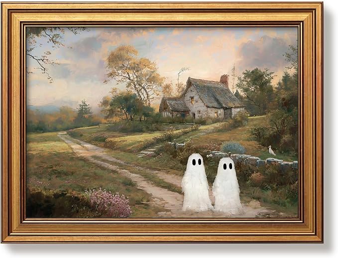 Vintage Gold Framed Halloween Wall Art Cute Ghost Painting Decor 12x16 In - skull painting