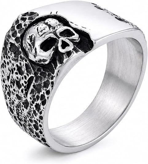 Skull Ring for Men, Stainless Steel Gothic Punk Statement Ring, Vintage Biker Band Jewelry for Men - skull ring