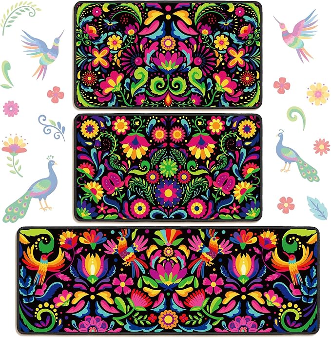 3 Pcs Dia De Los Muertos Kitchen Rugs Set, Mexican Mat Decoration - skull carpet
