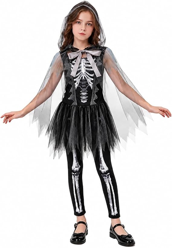 XXLOG Skeleton Costume Kids Girls Halloween - 3PC Black Skeleton Dress with Pants & Veil Headpiece, Spooky Bone Outfit - skeleton