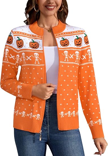 Totatuit Womens Long Sleeve Knitted Zip Up Sweater Cardigans Sweaters Lightweight Zipper Sweatshirts Jacket - skull jacket