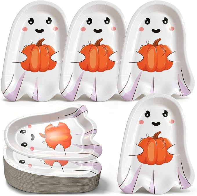 25PCS Halloween Ghost Pumpkin Plates White Disposable Paper Plate for Party - skull plate