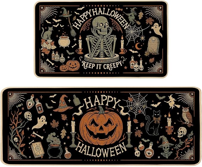 Halloween Kitchen Rugs Set of 2, 17x29 and 17x47 Inch - skull floor mat