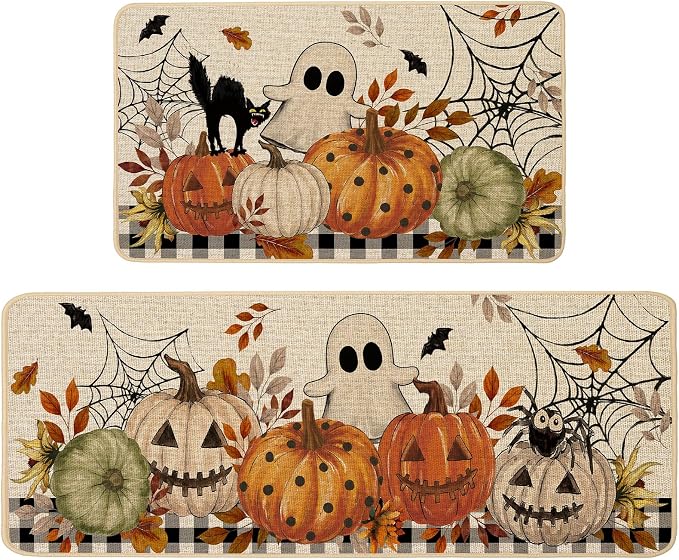Halloween Ghost Kitchen Rugs Set of 2, 17x29 and 17x47 Inch - skull floor mat