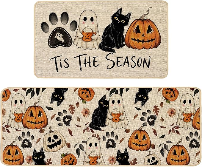 Halloween Kitchen Rugs Set of 2, 17x29 and 17x47 Inch - skull floor mat