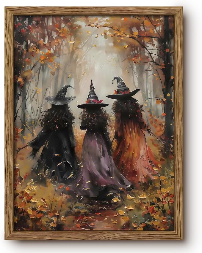 Three Witches Halloween Framed Wall Art Mystical Fall Forest Print 12x16 In - skull wall art