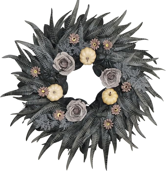 24 Inch Halloween Wreath with Snakeskin Leaves for Front Door - skull wreath
