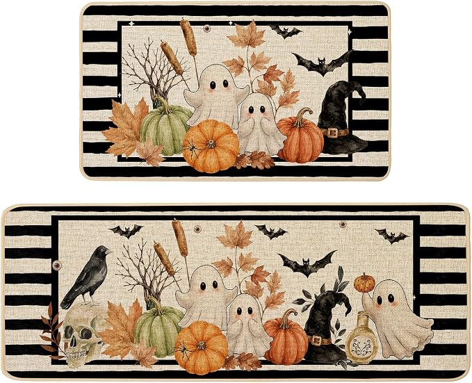 Halloween Kitchen Rugs Set of 2, 17x29 and 17x47 Inch - skull floor mat