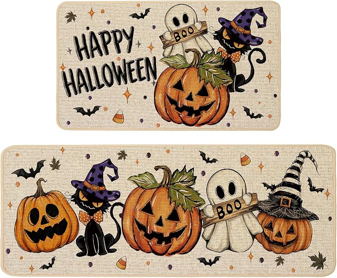 Halloween Ghost Kitchen Rugs Set of 2, 17x29 and 17x47 Inch - skull floor mat