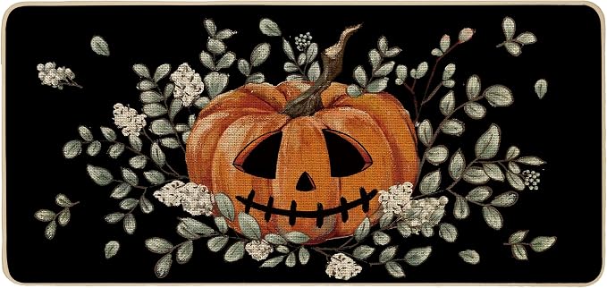 Halloween Welcome Doormat Black Pumpkin Eucalyptus 17x36 Inch - skull floor mat