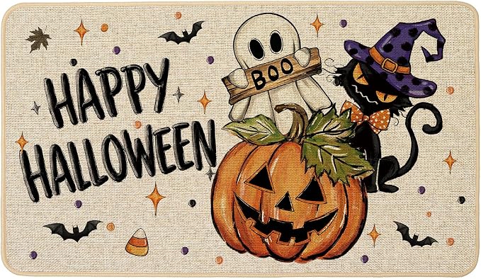 Halloween Welcome Doormat Ghost Black Cat 17x29 Inch - skull floor mat