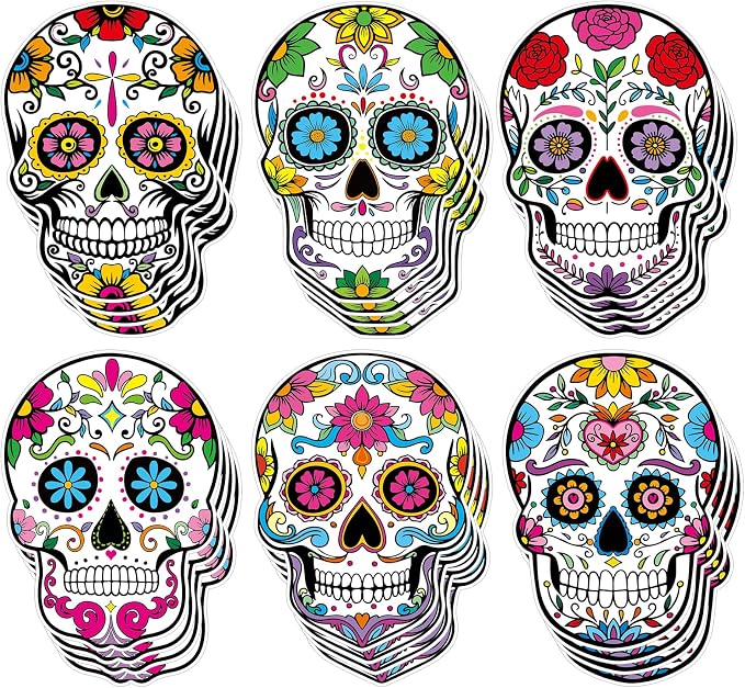 24 Pcs Large Day of The Dead Cutouts Double Sided Sugar Skull Cutout Dia De Los Muerto Decorations for Mexican Halloween Table Centerpiece Supplies Birthday Party Essentials - skull sticker
