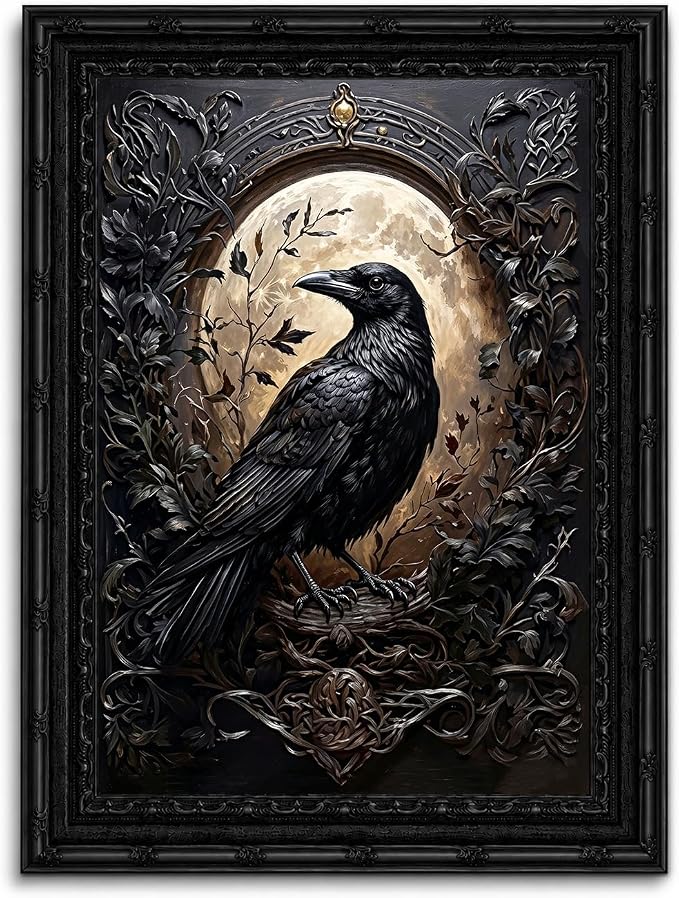 3D Gothic Raven with Full Moon Framed Wall Art, Black Carved Frame Textured Crow Print, Dark Academia Witchy Decor for Living Room Bedroom Study-9x11in - skull wall art