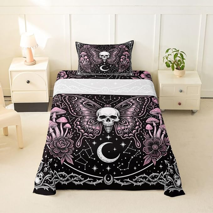 Feelyou Pink Skull Bed Sheets Set Twin Size Gothic Black and White Bed Set Butterfly Deep Pocket Fitted Sheet Breathable Soft Lightweight Microfiber - skull bedding