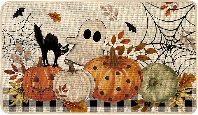 Halloween Welcome Doormat Ghost Cat Pumpkin 17x29 Inch - skull floor mat
