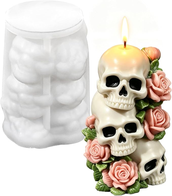 Skull Candle Mold, 3D Rose Skeleton Head Halloween Candle Mold - skull candle