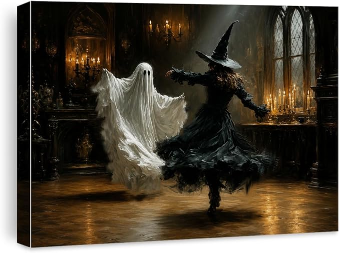 Halloween Wall Art Decor, Ghost Witch Dancing Canvas Print Framed 8x10 Inch - skull wall art