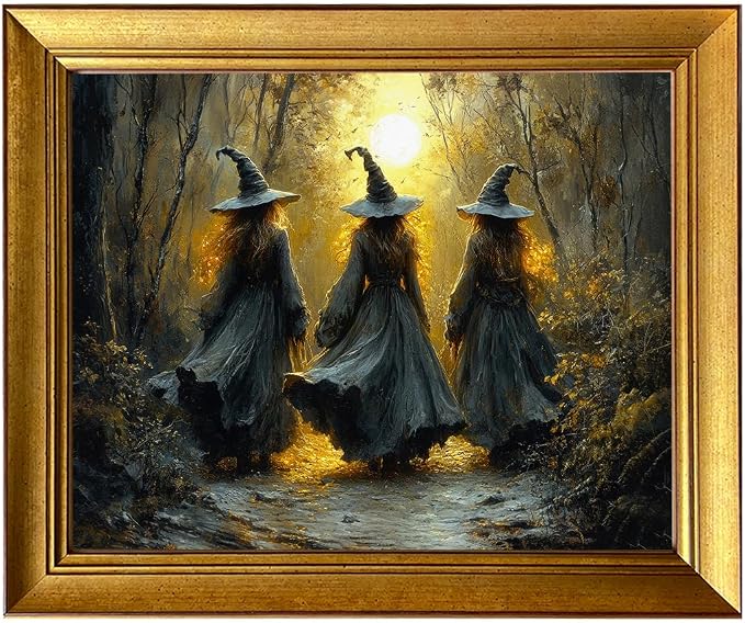 Vintage Gold Framed Halloween Wall Art Witch Autumn Picture Wall Decor Woodland Canvas Print Whimsical Fall Forest Painting