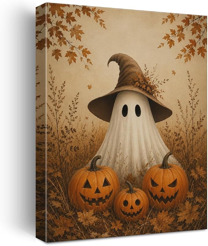 Fall Pumpkin Decor for Home Ghost Halloween Wall Art Canvas Print Framed - skull wall art