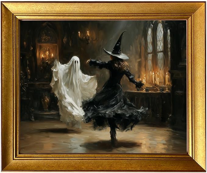 Vintage Halloween Canvas Wall Art Gold Framed Ghost Witch Dancing Painting Dark Academia Print Picture Wall Decor
