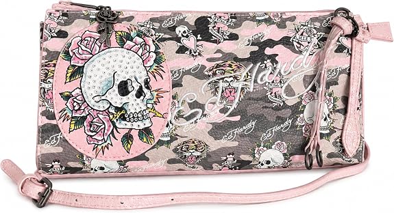 ED HARDY Skull Rose Crossbody Bag, Zip Closure, Rhinestone Detail, Adjustable Strap, 12x6 Inch - sugar skull handbags for sale