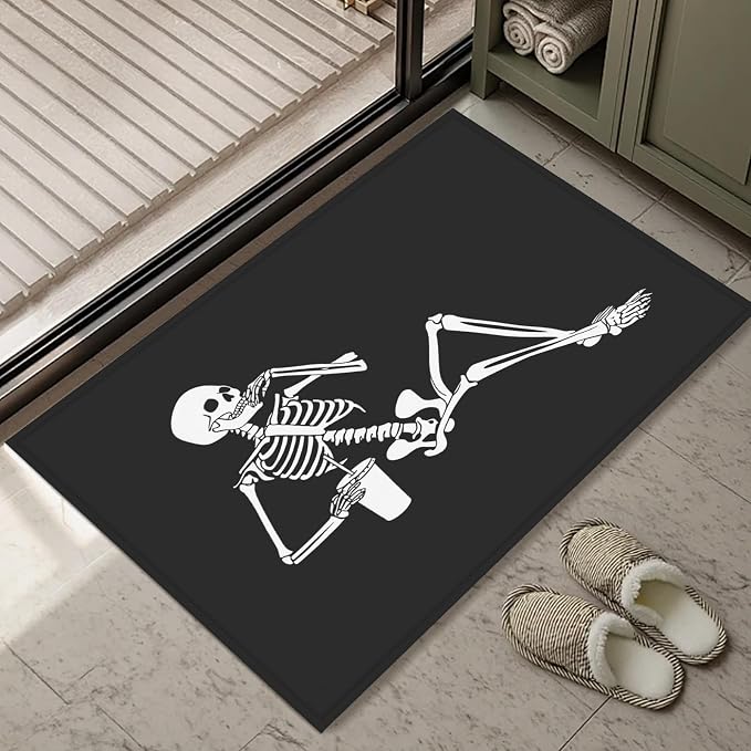 Black Skull Bath Mat Rug, Skeleton Door Mat Doormat Entrance Non-Slip Bathroom Rugs for Entryway Bathroom Kitchen 17 x 30 Inch - skull rug