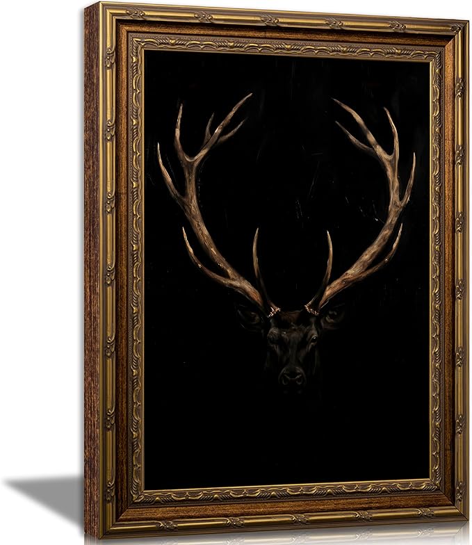 Vintage Gold Framed Antlers Wall Art, Dark Dramatic Black Stag Head Wall Decor, Modern Gothic Wildlife Animal Picture Poster, Retro Antler Skull Print Artwork for Living Room, Bedroom, Office