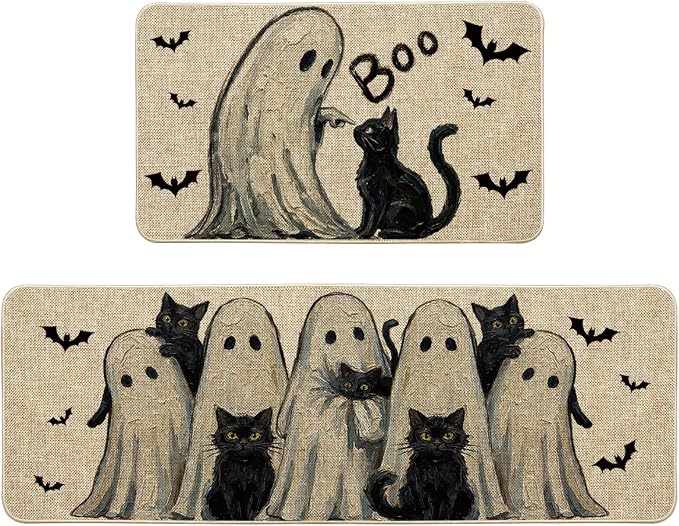 Artoid Mode Boo Ghost Bat Cat Halloween Kitchen Mats Set of 2, Home Decor Low-Profile Kitchen Rugs for Floor - 17x29 and 17x47 Inch - skull floor mat