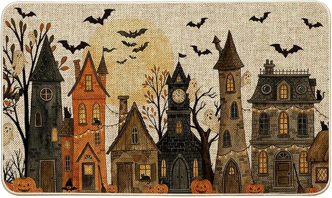 Artoid Mode Haunted House Jack-O'-Lantern Ghost Halloween Doormat, Low-Profile Switch Rug Door Home Decor Floor Mat for Indoor Outdoor 17x29 Inch - skull door mat