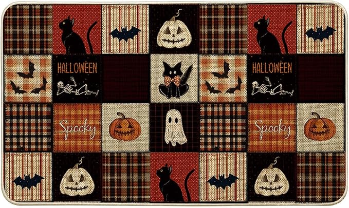 Artoid Mode Ghost Black Cat Plaid Halloween Doormat, Low-Profile Switch Rug Door Home Decor Mat Floor Mat for Indoor Outdoor 17x29 Inch - skull floor mat