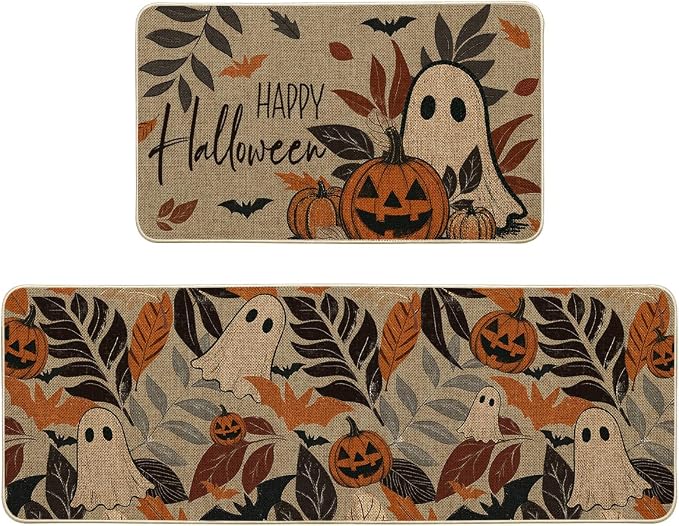 Artoid Mode Ghost Jack-O'-Lantern Leaves Halloween Kitchen Mats Set of 2, Home Decor Low-Profile Kitchen Rugs for Floor - 17x29 and 17x47 Inch - skull floor mat