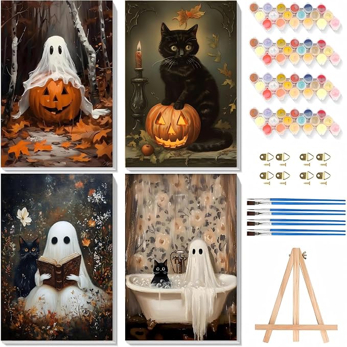 askkqtx 4 Pack Halloween Paint by Numbers Kit for Adults with Frame 8x12 in - skull painting