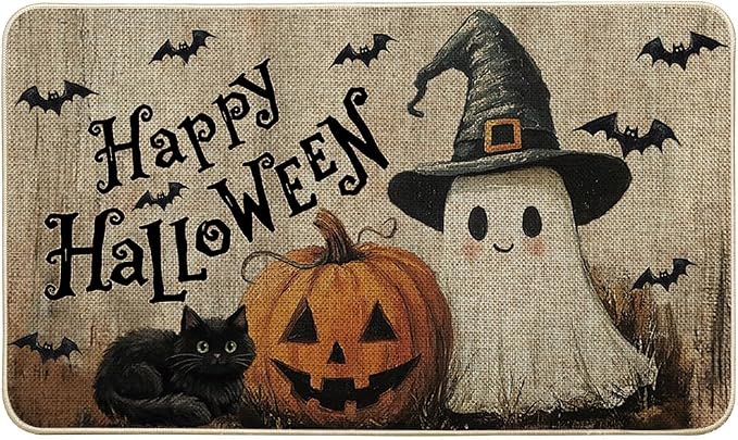 Artoid Mode Ghost Jack-O'-Lantern Happy Halloween Doormat, Low-Profile Switch Rug Door Home Decor Mat Floor Mat for Indoor Outdoor 17x29 Inch - skull floor mat