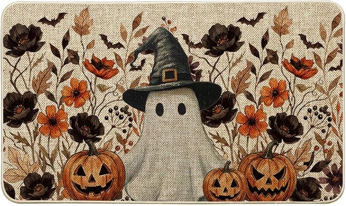 Artoid Mode Ghost Jack-O'-Lantern Floral Halloween Doormat, Low-Profile Switch Rug Door Home Decor Mat Floor Mat for Indoor Outdoor 17x29 Inch - skull floor mat