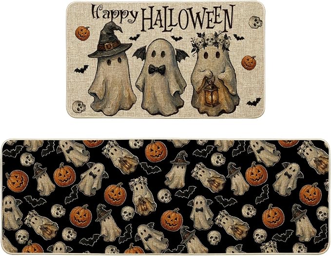 Artoid Mode Ghost Jack-O'-Lantern Skull Happy Halloween Kitchen Mats Set of 2, Home Decor Low-Profile Kitchen Rugs for Floor - 17x29 and 17x47 Inch - skull floor mat