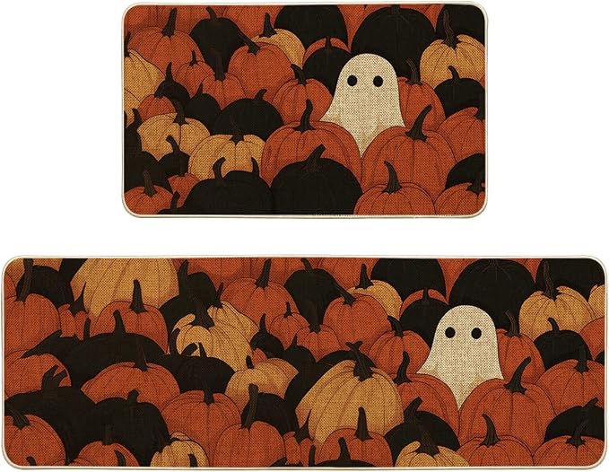 Artoid Mode Ghost Pumpkin Halloween Kitchen Mats Set of 2, Home Decor Low-Profile Kitchen Rugs for Floor - 17x29 and 17x47 Inch - skull floor mat