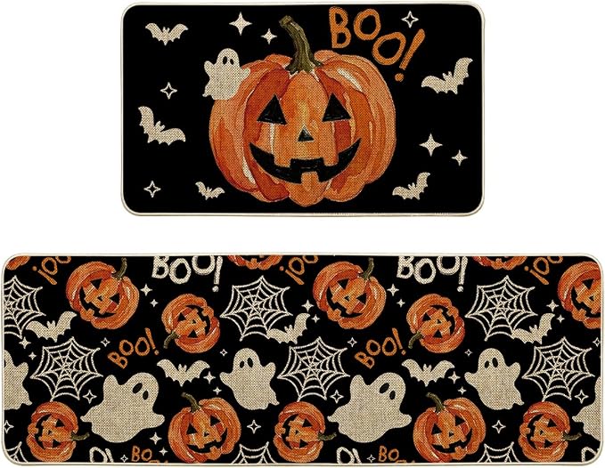 Artoid Mode Jack-O'-Lantern Boo Ghost Bat Halloween Kitchen Mats Set of 2, Home Decor Low-Profile Kitchen Rugs for Floor - 17x29 and 17x47 Inch - skull floor mat