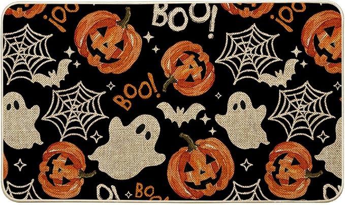 Artoid Mode Boo Ghost Jack-O’-Lantern Spider Web Halloween Doormat, Low-Profile Switch Rug Door Home Decor Floor Mat for Indoor Outdoor 17×29 Inch