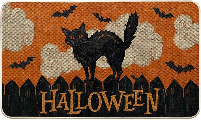 Artoid Mode Black Cat Bat Halloween Doormat, Low-Profile Switch Rug Door Home Decor Mat Floor Mat for Indoor Outdoor 17×29 Inch