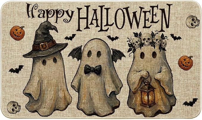 Artoid Mode Ghost Skull Jack-O'-Lantern Halloween Doormat, Low-Profile Switch Rug Door Home Decor Mat Floor Mat for Indoor Outdoor 17x29 Inch - skull door mat